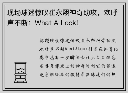现场球迷惊叹崔永熙神奇助攻，欢呼声不断：What A Look！