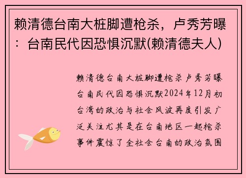 赖清德台南大桩脚遭枪杀，卢秀芳曝：台南民代因恐惧沉默(赖清德夫人)